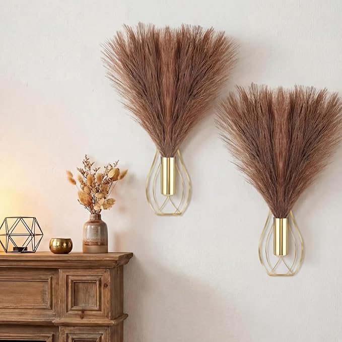 Otoolling 2 Pieces Hanging Plant Wall Decor with Artificial Pampas Grass Metal Hanging Vase Modern Geometric Farmhouse Bohemian Wall Art for Living Room Bedroom Kitchen Office(Gold, Brown)