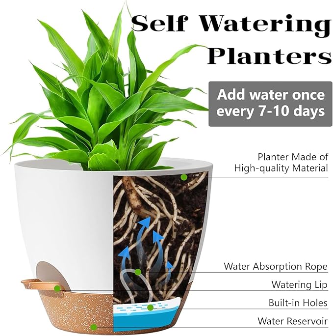 5-Pack Plant Pots with Drainage 7/6.5/6/5.5/5 Inch, Self Watering Pots for Indoor Plants, Planters for Indoor Outdoor Plants, Plastic Flower Pot, Planter for Indoor Outdoor (White)