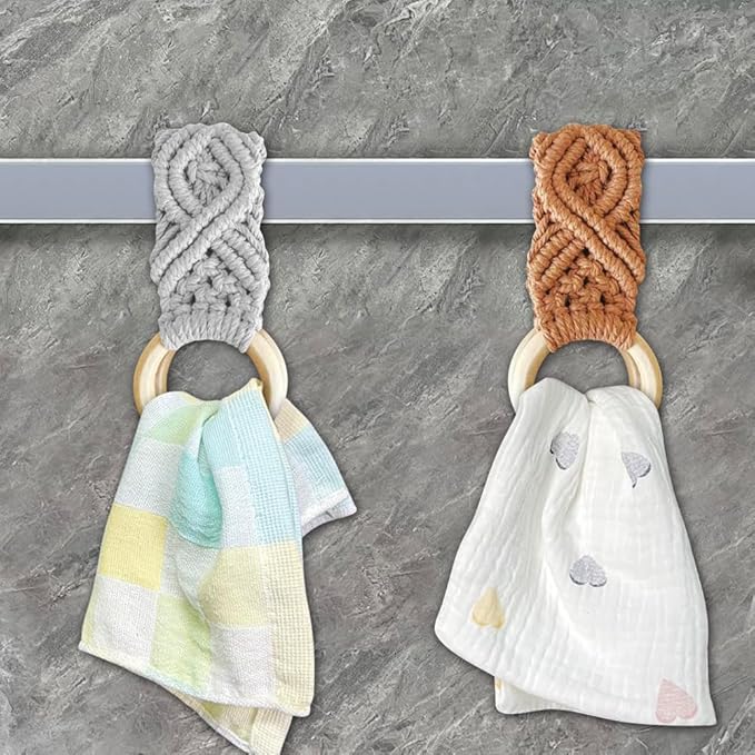 4 Pcs Boho Macrame Towel Holder Ring, Crochet Hanging Kitchen Dish Towel Holder, Handmade Kitchen Towel Hanger with Wood Hanging Loop for House Oven Stove Door