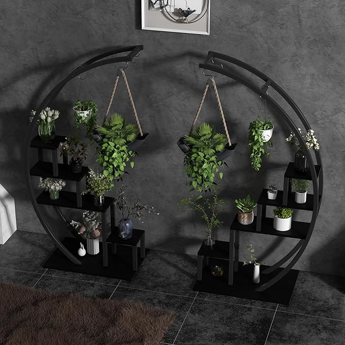 Patikuin 5-Tier Half Moon Metal Plant Stand Set of 2 – Tall Indoor & Outdoor Ladder Flower Shelf Rack with Hanging Hooks, Modern Multi-Tier Display for Living Room, Balcony & Garden