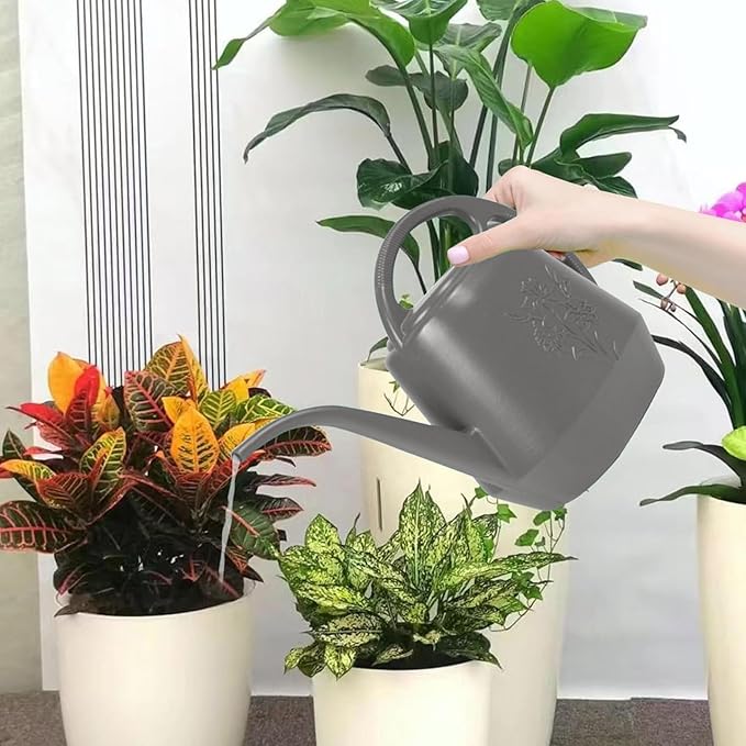 Watering Can 1 Gallon with Comfortable Handle, Flower Patterns Watering Can Indoor Plants, Plastic Long Spout Watering Can for House Plants Succulent Bonsai Garden Flower Outdoor (Grey)