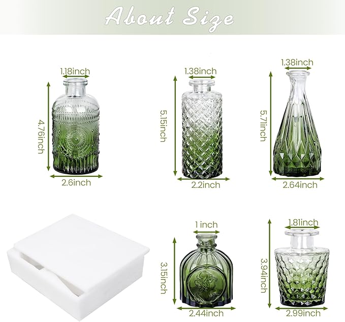 TBWIND Glass Bud Vase Set of 5, Small Green Flower Vases for Centerpieces in Bulk, Mini Vintage Vase for Wedding Decor, Single Flowers, and Home Table Décor