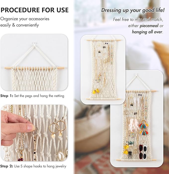 Pretty Jolly Hanging Jewelry Mesh Organizer Macrame Wall Mounted Necklaces Storage Earring Display Rack Girls Hair Clips Hanger with 20 Pieces S Shape Hooks for Bracelets,Necklace and Rings(Coffee)