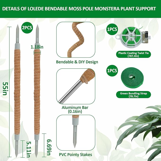 2 Pack Moss Pole, 55 Inches Tall Bendable Coco Coir Poles Monstera Plant Support for Climbing Indoor Plants, DIY Plant Stakes Kit Support for Pothos, Philodendron,Potted Plants