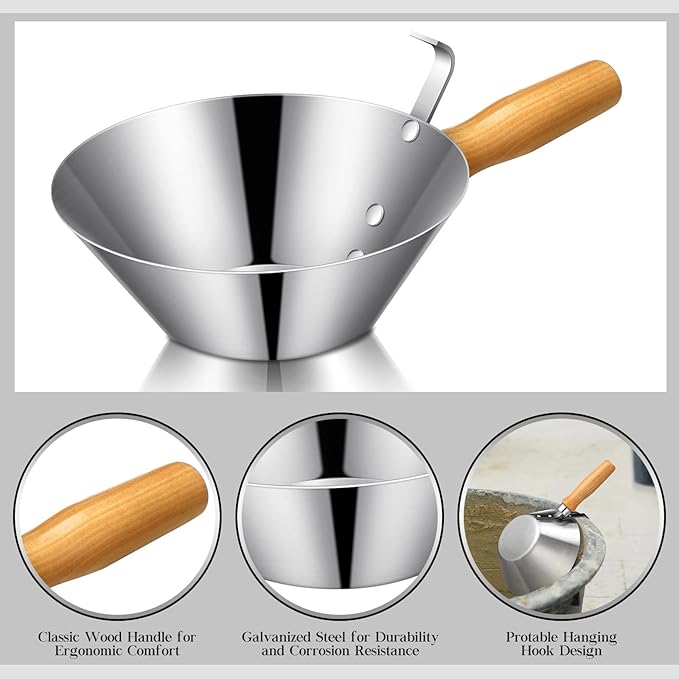 Shimeyao Galvanized Steel Bucket Scoop Wood Handle Strong Heavy Duty Rust Resistant Bucket Scoop for Construction Jobsite Landscaping Garden Stucco Tools for Outdoor Material Handling