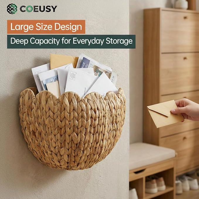 Coeusy Scalloped Wall Basket,Boho Wall Decor Basket,Big Wicker Hanging Baskets for Nursery,Door,Plants,Mail,Natural Water Hyacinth