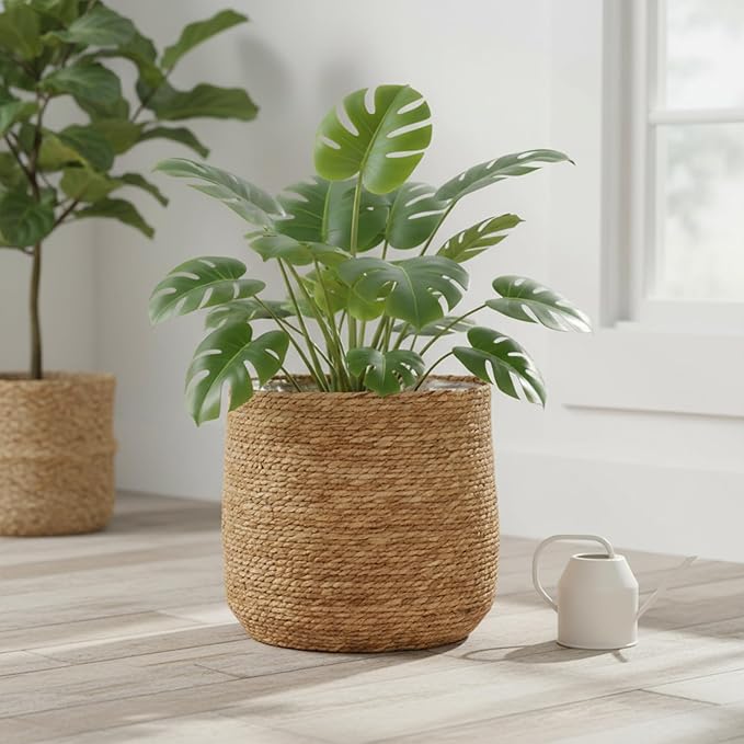 Seagrass Flower Pot, 12-Inch Rattan Planter Basket Woven Wicker Planter with Plastic Liner, Decorative Plant Pot Multipurpose Storage Bin for Home