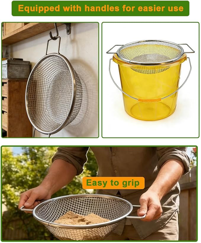 Black Dirt Soil Sifter for Gardening - 2Pcs Multi Mesh Size Set (1/8",1/4") Heavy Duty Garden Sieve with Dual Handles, Ideal for 5 Gallon Bucket Compost, Dirt, Sand, Gravel, Rocks & Sawdust Sifter
