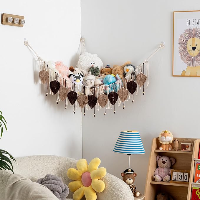 Pretty Jolly Macrame Stuffed Animal Hammock with Beads Hand Woven Leaf Tassels Corner Hanging Net Boho Plush Holder for Kid Room Nursery Decor Easy Install Organizer for Girls Gift(Brown)