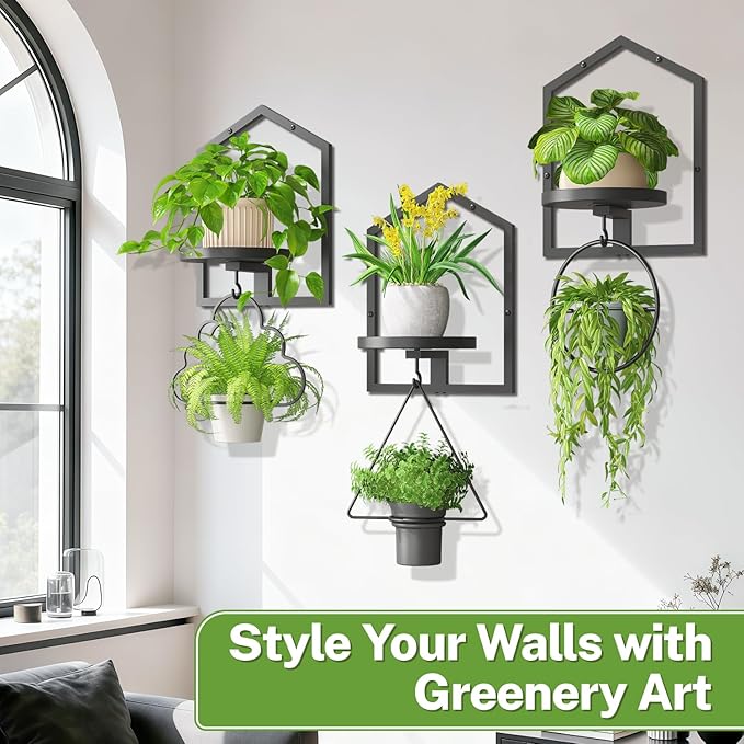 iDavosic.ly Wall Plant Picture Frame Holder Set of 3 for Indoor, Metal Stand with Hanging Hooks, Floating Flower Display Home Decor, Space Saving & Easy to Assemble (Pots/Chains/Plants Not Included)