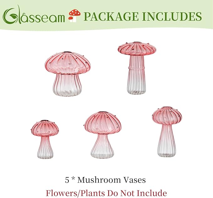 Glasseam Pink Glass Mushroom Vase: Cute Small Flower Vase Set of 5 Unique Mini Bud Vases for Centerpieces Decorative Vases for Flowers Funky Plant Vase Decor