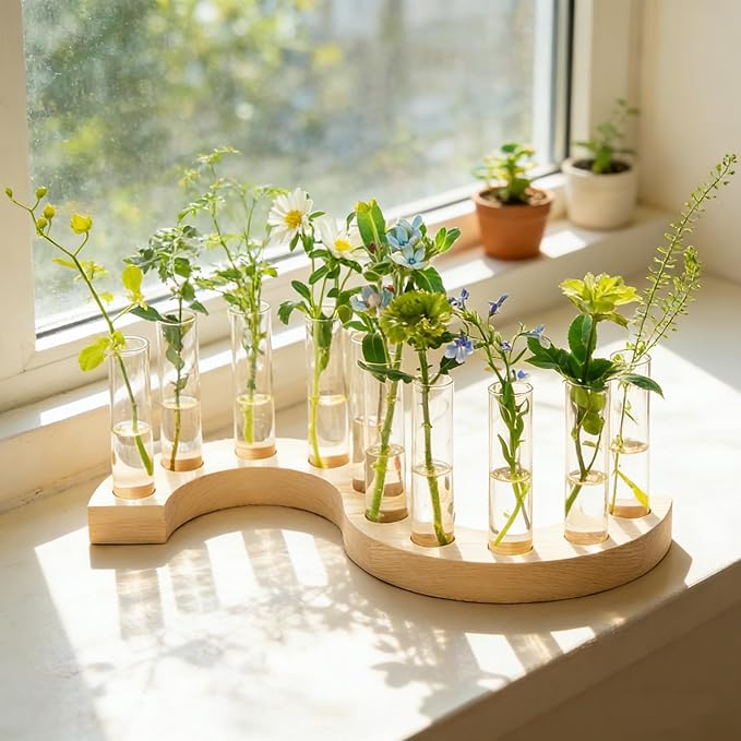 Melphoe Glass Bud Vases Small Flower Vase for Centerpieces Wedding Table Decorations, Home Decor, Propagation Station Plant Terrarium with Wooden Stand, Unique Plant Lover Gifts for Women (Beige)