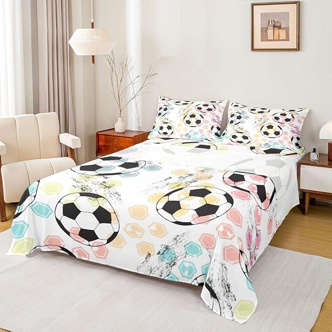 Feelyou Twin Sheet Set Kids Football Bed Sheet Set for Boys Girls Bedroom Soft Microfiber Soccer Ball Sports Theme Decor Bed Sheets 3D America Football Games Bedding Set with Deep Pocket Fitted Sheet