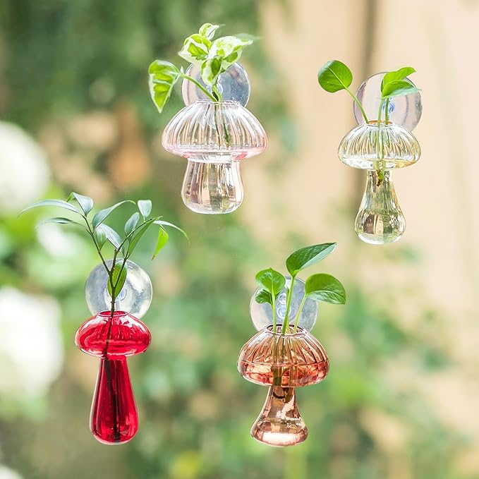 Glasseam Window Propagation Stations, 4Pcs Colored Mushroom Propagation Vases with Suckion Cups, Glass Wall Hanging Planter Terrariums for Flowers, Cute Indoor Small Plant Holder Gifts for Women