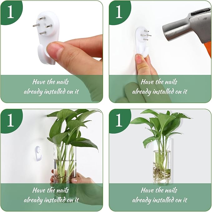 Baderke 6 Pcs Glass Wall Vase for Plants Indoor Hanging Propagation Planter Container Holder with Plastic Invisible Traceless Hangers Hydroponic Plant Succulent Garden Wedding Decor