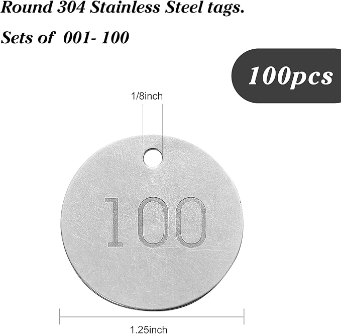 Round Tag 1-1/4 Inch Small Circle Metal Tags Number Options 001-050 Stamping Tag with Hole for Pets, Plants, Doors (100 Pieces)