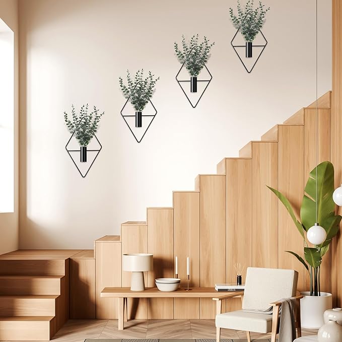 Jexine 4 Pcs Plant Wall Decor Diamond Shape Hanging Planters with Artificial Plants Geometric Wall Decor Metal Hanging Vase Indoor Holder for Living Room Bathroom Home(Eucalyptus)