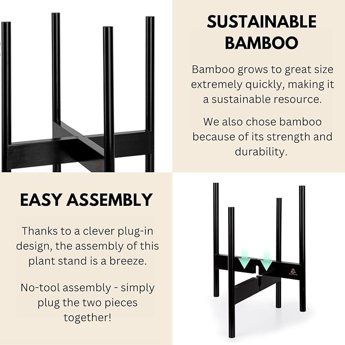 Fox & Fern Bamboo Plant Stand — 11.8 Inch Fixed Size Wooden Mid Century Plant Stand for Indoor Planters (Not Included) - Raised Flower Pot Holder for Indoor Big Pots - Plug In Design - Dark Bamboo