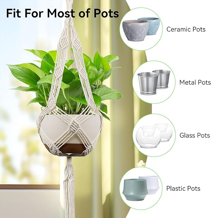 USLAI Macrame Plant Hanger Indoor Outdoor, Up to 4-12 inch Pot, Heavy 20lb Planters, Extra Long Strong Hanging Planter Basket Holder, Boho Home Decor, 42+42 Inch, Ivory (POTS NOT Included)