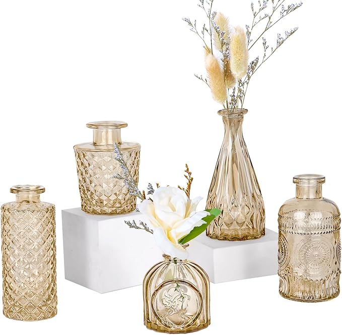 TBWIND Glass Bud Vase Set of 5, Small Amber Flower Vases for Centerpieces in Bulk, Mini Vintage Vase for Wedding Decor, Single Flowers, and Home Table Décor
