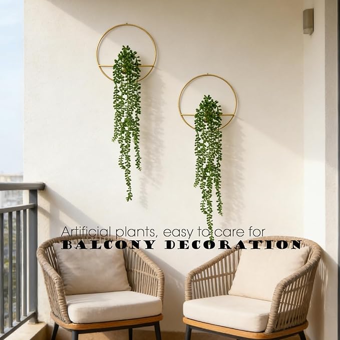 GREENTIME 2 Pack Fake Succulent Plants Hanging Artificial Ivy Vine with Gold Round Metal Hanging Vase Faux String of Pearls for Teacher Appreciation Living Room Bedroom Boho Kitche Wall Shelf Outdoor