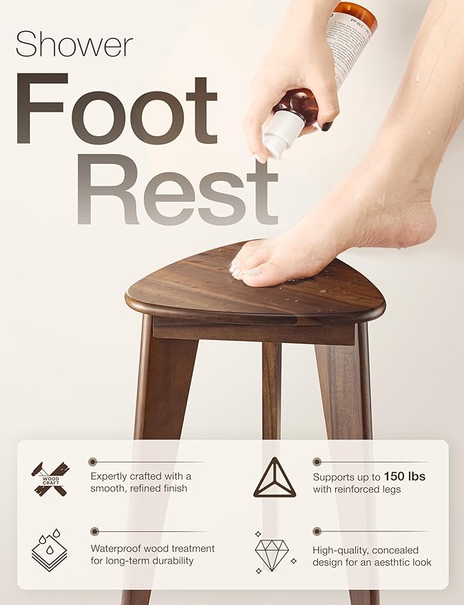 HOLANA 18" Corner Shower Foot Rest - Wooden Showers Stool Seat for Shaving Legs - Small Corner Shower Benches for Inside Shower - Waterproof Bath Step Stools Bench for Bathroom