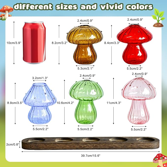 Mushroom Vase, Mushroom Propagation Stations Vases, Colored Glass Vase Set of 5, Hydroponic Glass Container for Plants, Bud Vases for Home Office Decor