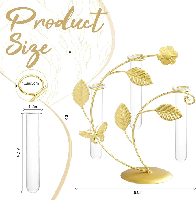 Desktop Glass Plant Propagation Station Stand with 3 Test Tubes, Gold Metal & Glass Propagation Vase with Butterfly and Plants Pattern, Hydroponic Terrarium Planter Office Home Indoor Decor