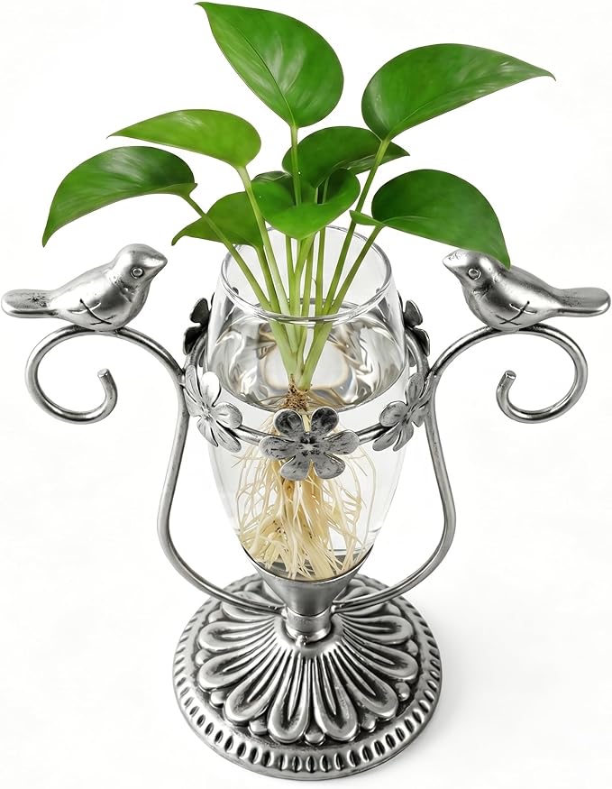 Vintage Plant Propagation Station, Hummingbird Metal Glass Plant Terrarium Stand, Office Desk Room Unique Flower Vase, Plant Lovers Gift Ideas for Women, Men (Silver)