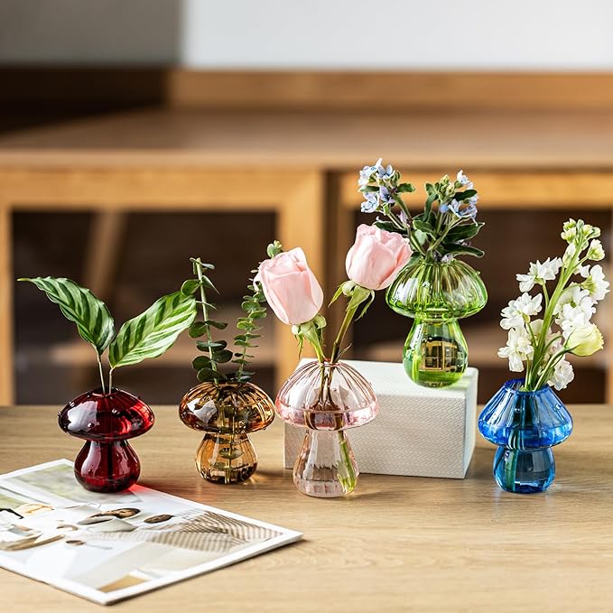 Mushroom Vases, Set of 2 Colored Plant Propagation Station, Mushroom Propagation Vase, Mini Terrarium for Plants, Cute Glass Hydroponic Vase for Flowers, Gifts for Women, Plant Lover (2)
