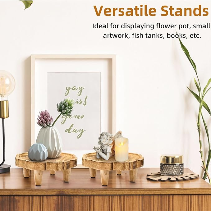 Covzoe 2 Pack Mini Wood Pedestal Stand, 8.5 Inch Small Plant Risers for Decor, Farmhouse Plant Stool Display Stand, Footed Pedestal Tray Plant Holder for Candles, Soap, Garden, Patio, Home, Kitchen, Bathroom