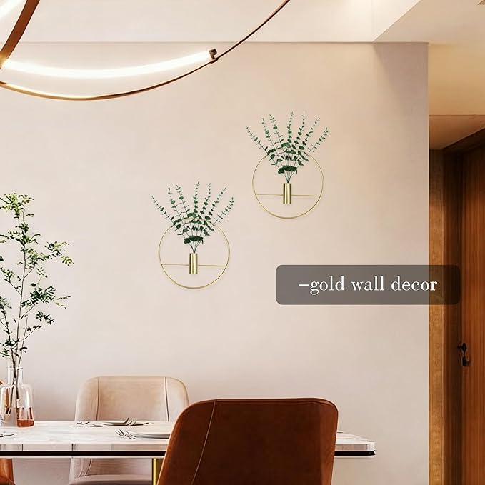 GREENTIME 2 Pack Hanging Plants Faux Eucalyptus with Gold Round Metal Hanging Vase for Teacher Appreciation Living Room Bedroom Boho Kitche Wall Shelf Outdoor
