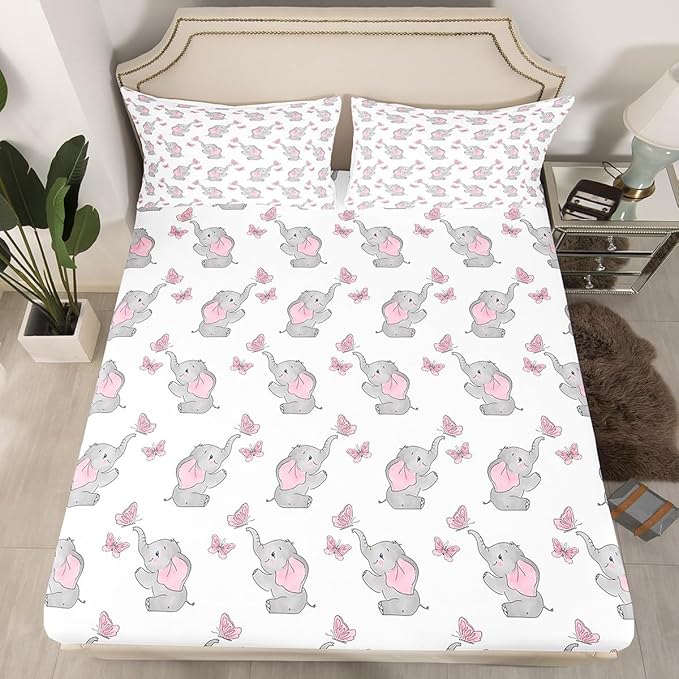 Feelyou Cute Elephant Sheets Set, Cartoon Little Elephant Butterflies Bed Sheet Set Twin Size, Animal Print Decor Bedding Set for Girls Women Grey Pink Sheets with Deep Pocket Fitted Sheet