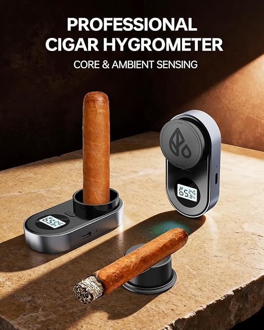 Cigar Humidity Meter, 3-Probe Core & Ambient Dual Sensor Digital Cigar Hygrometer, Rechargeable Moisture Tester for Humidor with Color Alert & Built-in Cigar Holder, Type-C Charging, Gray