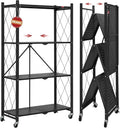 DEANIC 4 Tier Foldable Storage Shelves with Wheels, No Assembly Organizer Rack for Garage Kitchen, Basement, Pantry,Perfect for Craft Shows & Vendor Events(Black)