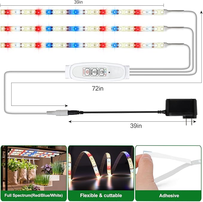 LED Grow Light Strips for Indoor Plants, 3 Head Each 10ft 120LED Red Blue White Full Spectrum Plant Grow Light Tape with 3/9/12H Timer 4 Dimmable Levels, 24W Plug in Plant Light for Seedling Shelf