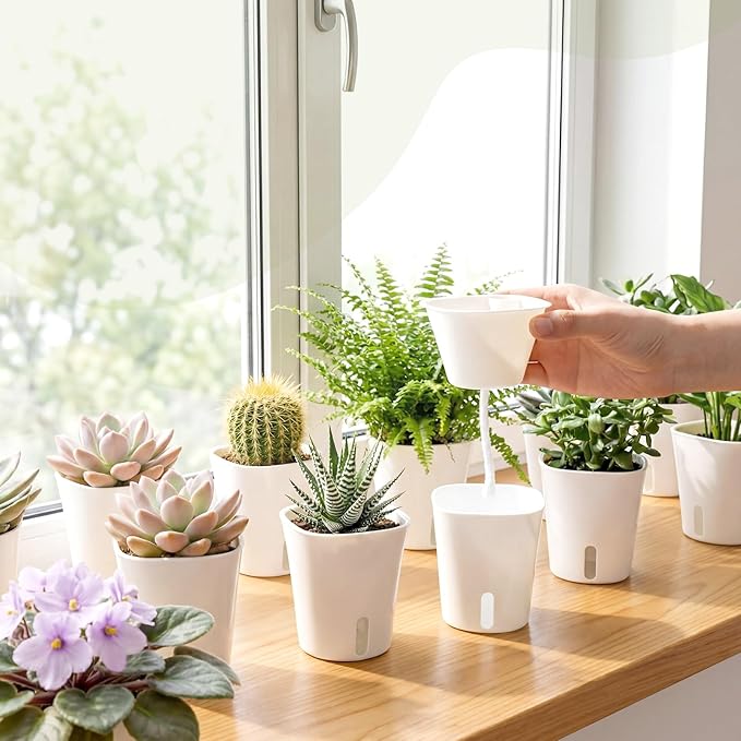 Ziliny 150 Pcs Self Watering Pots Self Watering Planters for Indoor Planters Plastic Garden Flower Pots with Level Indicator Vents for Herbs (3 Inch)
