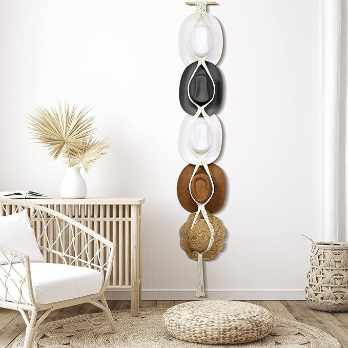 Yulejo Macrame Hat Hangers Boho Hat Rack Cowboy Hat Hanger Back of Door Hat Organizer (White,Five Hats Style)