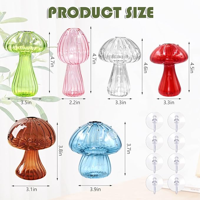 6Pcs Window Propagation Stations Colored Mushroom Propagation Vases with 8Pcs Suction Cups Glass Window Wall Hanging Planter Holder Small Bud Vases for Flowers Plant Home Decor