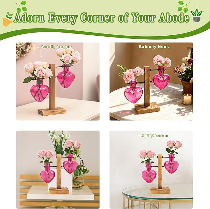 XXXFLOWER Plant Terrarium Wooden Stand Hydroponic Planter Bulb Glass Metal Swivel Holder Retro Air Plants Water Plants for Home Office Decoration,Gifts for Plant Lover Wife Mom- 2 Pink Love Bulb Vase