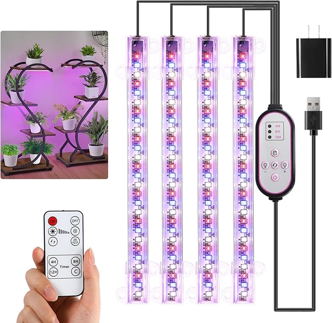 Hywyimlait 7.8'' Growing Lamp for Indoor Plants, Red & Blue & Yellow Full Spectrum, LED Grow Light Strips with 4/8/12H Timer,10 Dimmable Levels for Green House Succulent,4 Head