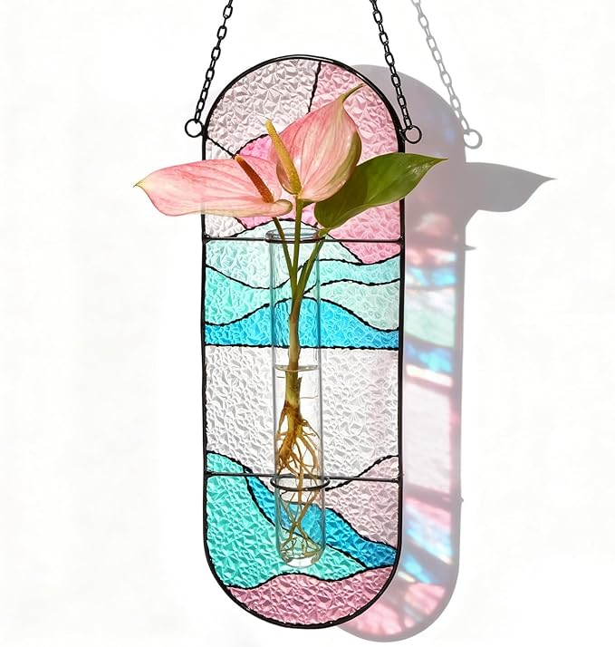 Stained Glass Plant Propagation Stations - Handmade Sunshine Catcher Hydroponic Planter Window Hanging with Glass Tubes, Terrarium Decor Gifts for Women Mom Plant Lovers, Pink