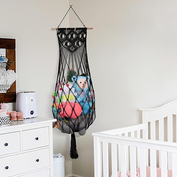63'' Jumbo Stuffed Animal Storage Hammock Corner, Boho Macrame Stuffy Hammock for Wall Ceiling Over Door Hanging Toy Hammock, Black Plush Toy Net Holder w/ Star Lights for Kids Boys Girls Gift