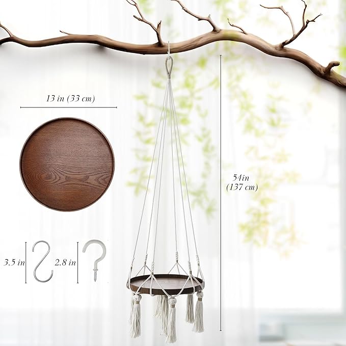 Flexzion Plant Hanger Boho Hanging Plant Shelf Macrame Plant Holder with Wood Flower Pot Shelf, C & S Ceiling Hooks Hand Woven Basket Bohemian Indoor Outdoor Home Decor for Living Room Bedroom, White