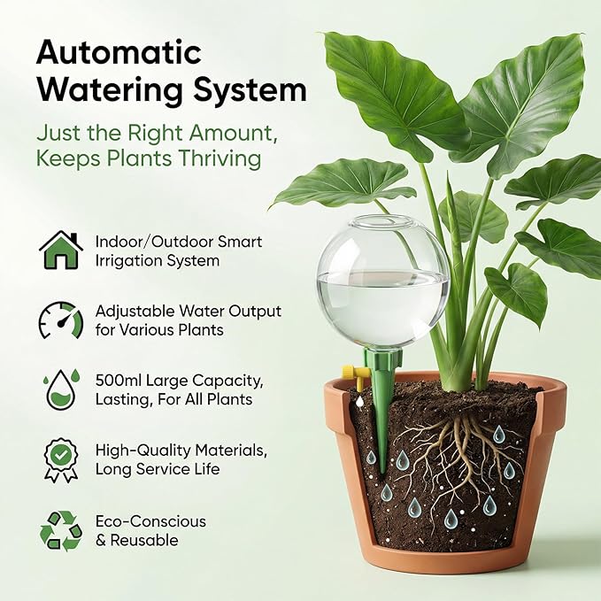 4-Pack 17.5oz Self Watering Globes with Covers – Automatic Plant Watering Bulbs, Slow-Release Irrigation Spikes for Indoor/Outdoor Potted Plants, Vacation Watering System, Top-Fill, Fits Most Pots