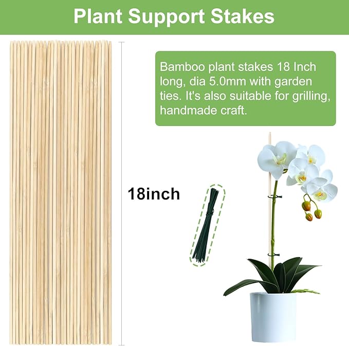 46 PCS Bamboo Plant Stakes 18 Inch, Wood Plant Support for Gardening for Potted Floral Plant, Indoor Wooden Sign Posting Garden Stick, Crafts Sticks with 46 PCS Wires(4")