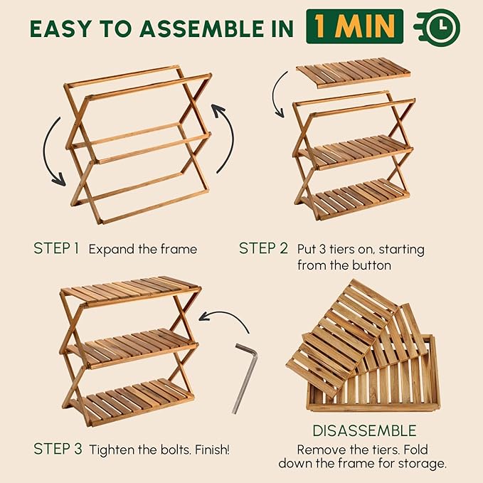 BEEFURNI Acacia Plant Stand Indoor, Wooden Outdoor Plant Stand, Foldable Plant Stand, 3 Tier Conner Space Flower Stand, Plant Ladder Stand (Natural)