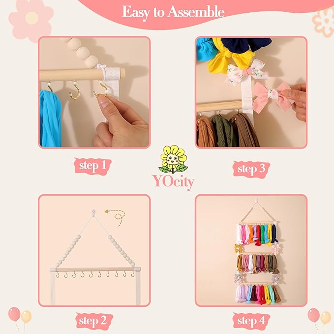 YOcity Headband Holder Organizer for Girls' Hair Accessories - Bow, Clip, Tie, Headband Storage Hanging Decor for Nursery Toddler Girls' Room (Beige)