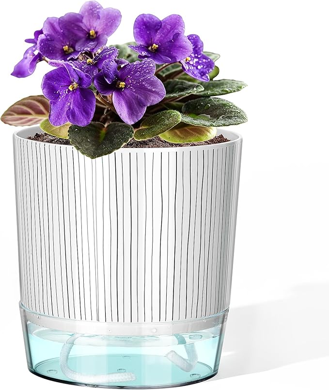 Self Watering Pots for Indoor Plants, 4 and 5.3 Inch, Plastic, Black Stripes, Round, Modern, Tabletop