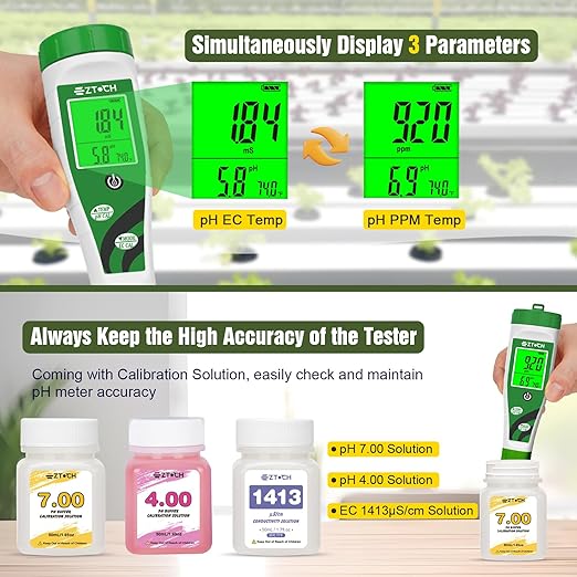 Hydroponic pH EC Meter, Water pH TDS PPM Meter with Simultaneous Display for Reservoir Nutrient Solution, pH EC Meter for Water Hydroponic DWC System Setup, Measure Conductivity for Aquaponics